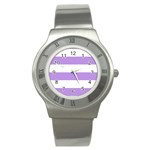 Horizontal Stripes - White and Bright Lavender Violet Stainless Steel Watch