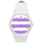 Horizontal Stripes - White and Lavender Violet Round Plastic Sport Watch (M)