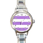 Horizontal Stripes - White and Lavender Violet Round Italian Charm Watch