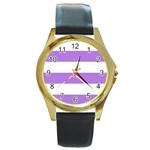 Horizontal Stripes - White and Lavender Violet Round Gold Metal Watch
