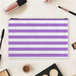 Horizontal Stripes - White and Lavender Violet Cosmetic Bag (L)