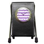 Horizontal Stripes - White and Lavender Violet Pen Holder Desk Clock