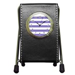Horizontal Stripes - White and Ube Violet Pen Holder Desk Clock