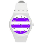Horizontal Stripes - White and Violet Round Plastic Sport Watch (M)