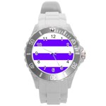 Horizontal Stripes - White and Indigo Violet Round Plastic Sport Watch (L)