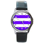 Horizontal Stripes - White and Indigo Violet Round Metal Watch