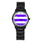 Horizontal Stripes - White and Indigo Violet Stainless Steel Round Watch