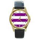 Horizontal Stripes - White and Purple Violet Round Gold Metal Watch