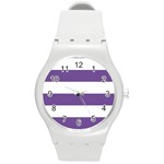 Horizontal Stripes - White and Dark Lavender Violet Round Plastic Sport Watch (M)