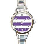 Horizontal Stripes - White and Dark Lavender Violet Round Italian Charm Watch