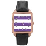Horizontal Stripes - White and Dark Lavender Violet Rose Gold Leather Watch
