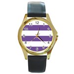 Horizontal Stripes - White and Dark Lavender Violet Round Gold Metal Watch
