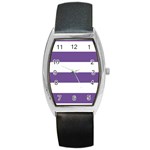 Horizontal Stripes - White and Dark Lavender Violet Barrel Style Metal Watch