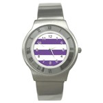 Horizontal Stripes - White and Dark Lavender Violet Stainless Steel Watch