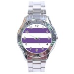 Horizontal Stripes - White and Dark Lavender Violet Stainless Steel Analogue Watch