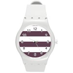 Horizontal Stripes - White and Eggplant Violet Round Plastic Sport Watch (M)