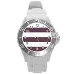 Horizontal Stripes - White and Eggplant Violet Round Plastic Sport Watch (L)