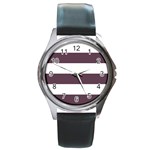 Horizontal Stripes - White and Eggplant Violet Round Metal Watch