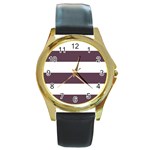 Horizontal Stripes - White and Eggplant Violet Round Gold Metal Watch