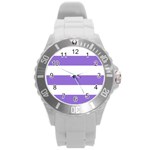 Horizontal Stripes - White and Dark Pastel Purple Round Plastic Sport Watch (L)