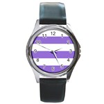 Horizontal Stripes - White and Dark Pastel Purple Round Metal Watch