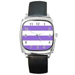 Horizontal Stripes - White and Dark Pastel Purple Square Metal Watch