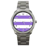 Horizontal Stripes - White and Dark Pastel Purple Sport Metal Watch