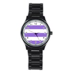Horizontal Stripes - White and Dark Pastel Purple Stainless Steel Round Watch