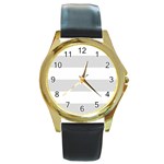Horizontal Stripes - White and Gainsboro Gray Round Gold Metal Watch