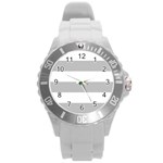 Horizontal Stripes - White and Silver Gray Round Plastic Sport Watch (L)