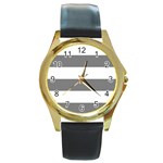 Horizontal Stripes - White and Gray Round Gold Metal Watch