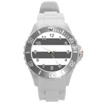 Horizontal Stripes - White and Dark Gray Round Plastic Sport Watch (L)