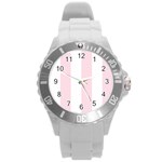 Vertical Stripes - White and Piggy Pink Round Plastic Sport Watch (L)