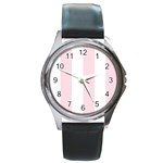 Vertical Stripes - White and Piggy Pink Round Metal Watch
