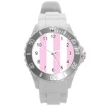 Vertical Stripes - White and Classic Rose Pink Round Plastic Sport Watch (L)