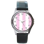 Vertical Stripes - White and Classic Rose Pink Round Metal Watch