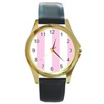 Vertical Stripes - White and Classic Rose Pink Round Gold Metal Watch