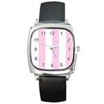 Vertical Stripes - White and Classic Rose Pink Square Metal Watch
