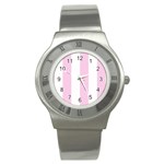 Vertical Stripes - White and Classic Rose Pink Stainless Steel Watch