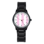 Vertical Stripes - White and Classic Rose Pink Stainless Steel Round Watch