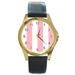 Vertical Stripes - White and Pastel Pink Round Gold Metal Watch