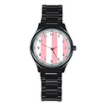 Vertical Stripes - White and Pastel Pink Stainless Steel Round Watch