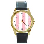 Vertical Stripes - White and Pink Round Gold Metal Watch