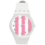 Vertical Stripes - White and Flamingo Pink Round Plastic Sport Watch (M)