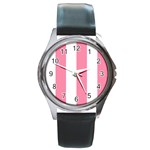 Vertical Stripes - White and Flamingo Pink Round Metal Watch