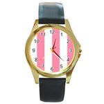 Vertical Stripes - White and Flamingo Pink Round Gold Metal Watch