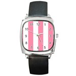 Vertical Stripes - White and Flamingo Pink Square Metal Watch