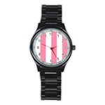 Vertical Stripes - White and Flamingo Pink Stainless Steel Round Watch