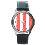 Vertical Stripes - White and Pastel Red Round Metal Watch