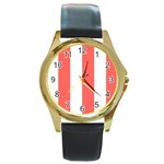 Vertical Stripes - White and Pastel Red Round Gold Metal Watch